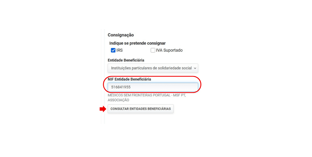 Assinale a opção “IRS” para consignar o seu IRS e/ou “IVA” para consignar o IVA