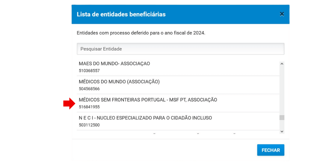 Em alternativa clique no botão Consultar Entidades Beneficiárias e selecione a opção “Médicos Sem Fronteiras Portugal – MSF PT, Associação”