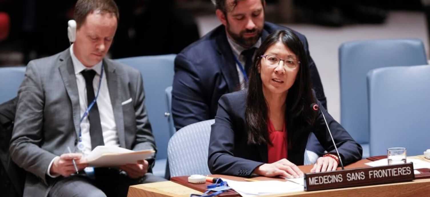 A ex-Presidente Internacional da MSF, Joanne Liu, discursa na sessão do Conselho de Segurança da ONU sobre a adoção da resolução 2286. Nova Iorque, maio de 2016. ©️ Paulo Filgueiras