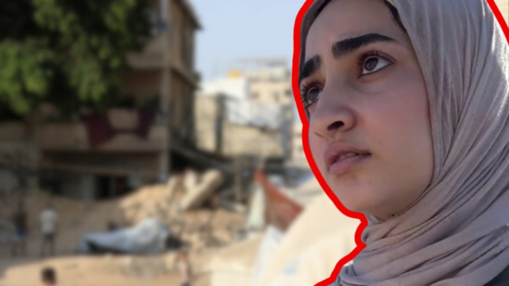 Sobreposição com foto de Gaza e foto de Nour Alsaqqa.