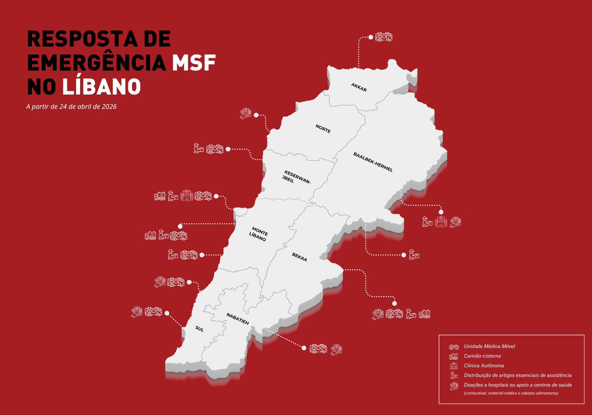 Mapa atividades da MSF no Libano a partir de abril de 2026