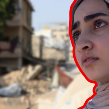 Sobreposição com foto de Gaza e foto de Nour Alsaqqa.