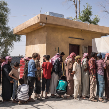 Fila para a documentação de saída do acampamento de deslocados de Ayn Issa.
